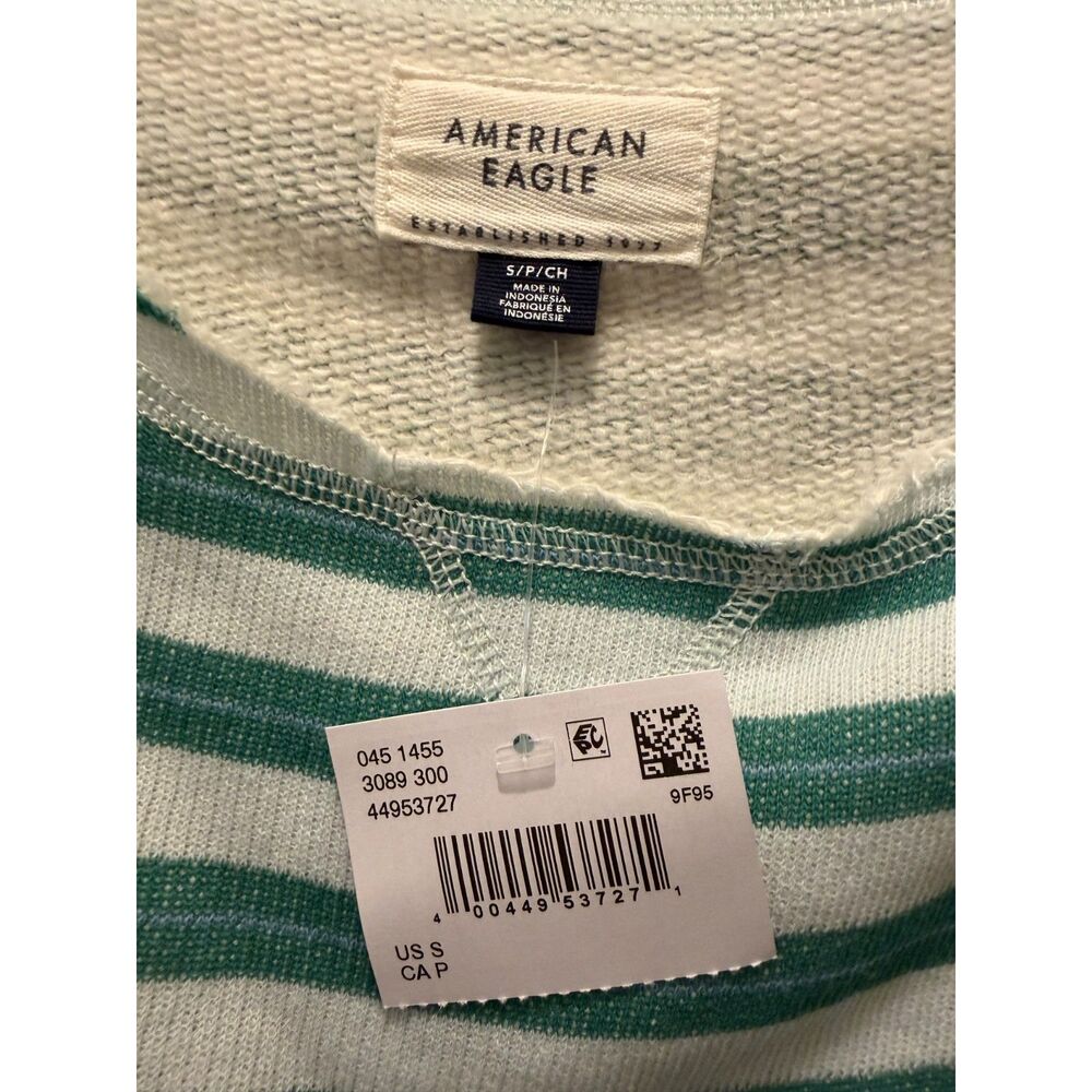 American Eagle Green & Cream Striped Cropped Sweatshirt Top- size small